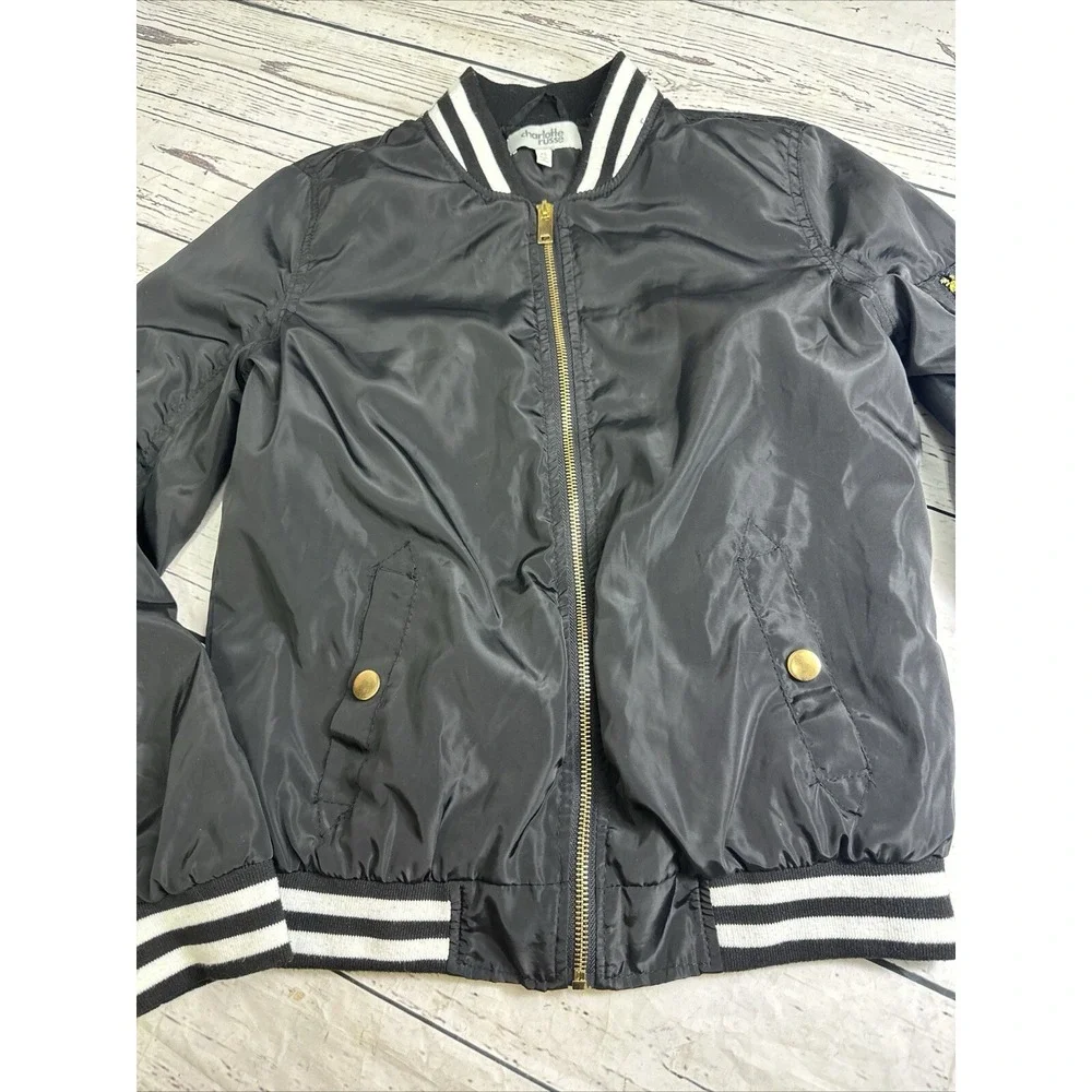 Charlotte Russe Womens Black Bomber Jacket Varsity Stripe Ruched Sleeve XS